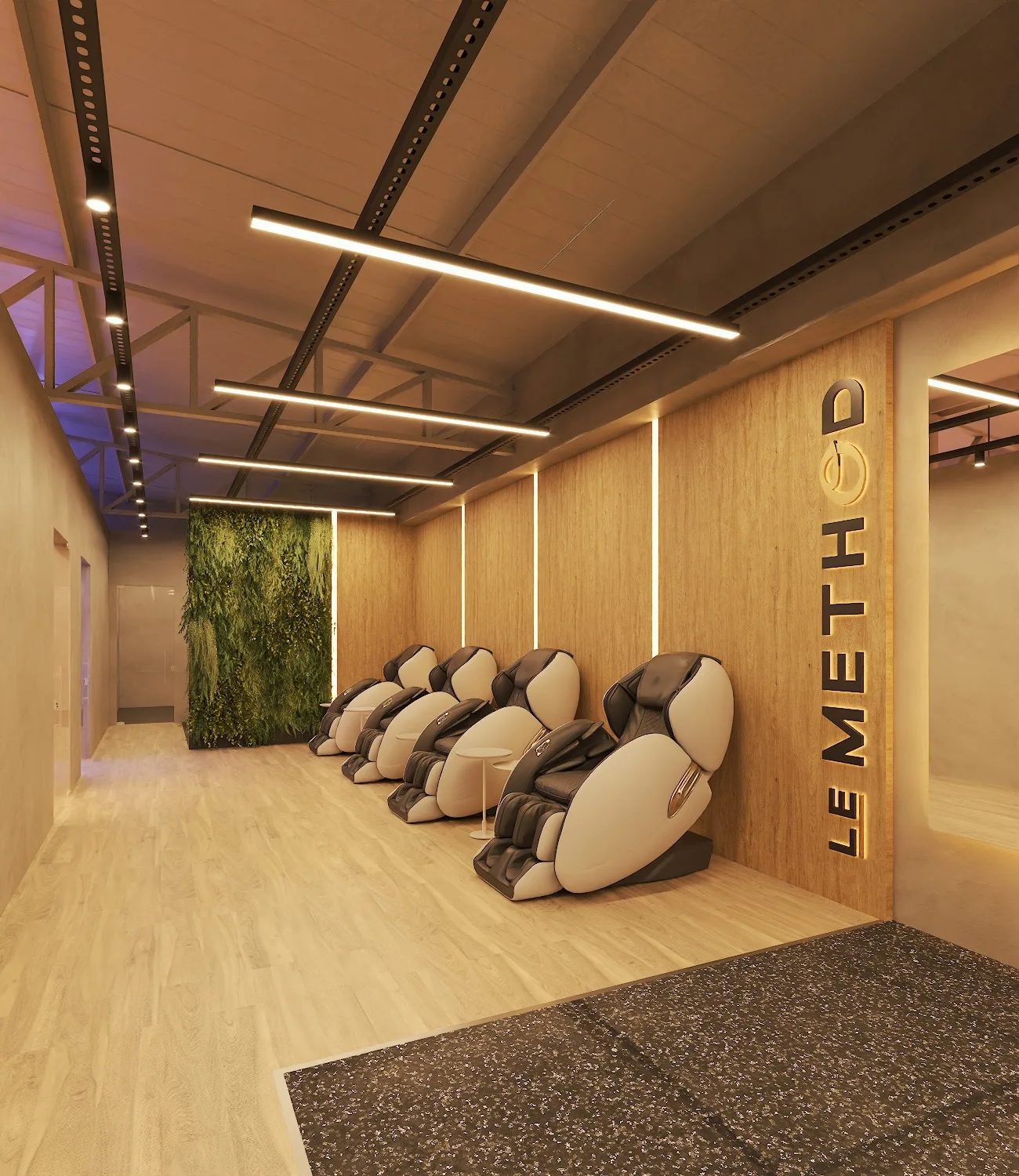 Cadeira de massagem em lounge escuro