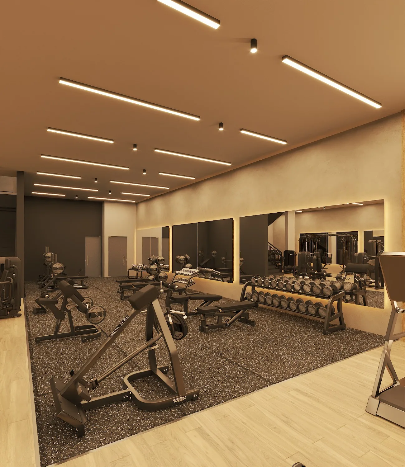 Área de musculação com equipamentos modernos e iluminação dourada
